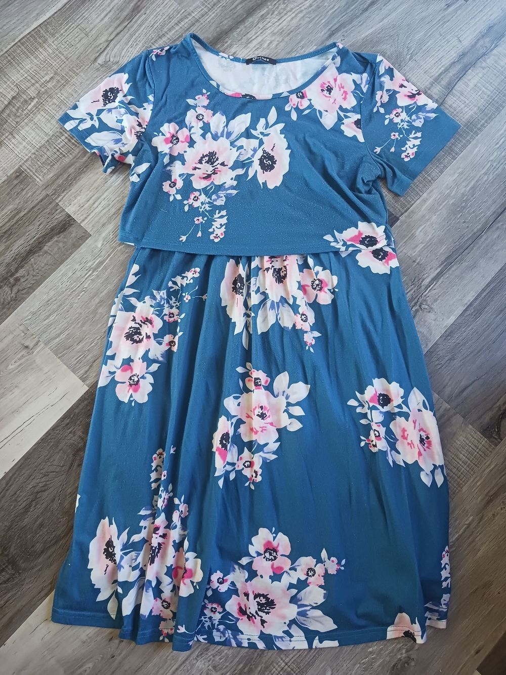 Nursing Teal Blue Floral Midi Dress with Pink Accents
